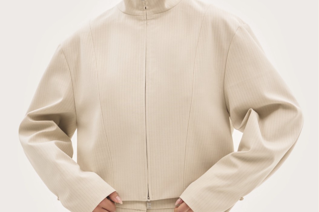 Cream pinstripe track jacket from the Gym to Brunch edit
